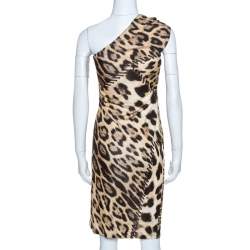 Pre Owned Roberto Cavalli Brown Animal Print Brooch Detail One Shoulder Dress M