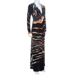 Pre Owned Roberto Cavalli Multicolor Stretch Jersey Draped V Neck Maxi Dress S