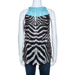 مملوكة مسبقًا توب روبرتو كافالي حرير أسود مطبوع بطيات برقبة حمالات مقاس صغير (سمول)