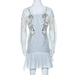 مملوكة مسبقًا Roberto Cavalli White Brasso Feather Print Cotton Shirt Dress S