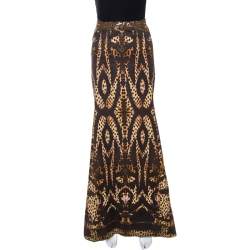 Roberto Cavalli Brown Print Cotton Belted Flared Maxi Skirt M