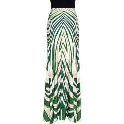 مملوك ة مسبقًا Roberto Cavalli Green Striped Print Jersey Pleated Detail Maxi Skirt L