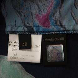 مملوكة مسبقًا Roberto Cavalli Navy Blue Floral Print Silk Satin Flared Maxi Skirt L