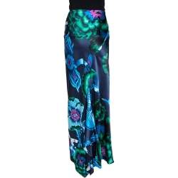 مملوكة مسبقًا Roberto Cavalli Navy Blue Floral Print Silk Satin Flared Maxi Skirt L