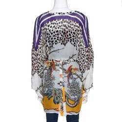 مملوكة مسبقًا توب قفطان روبرتو كافالي هيرا حرير مطبوع متعدد الألوان بحزام مقاس كبير (لارج)