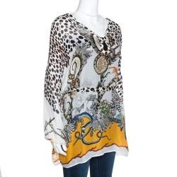 مملوكة مسبقًا توب قفطان روبرتو كافالي هيرا حرير مطبوع متعدد الألوان بحزام مقاس كبير (لارج)