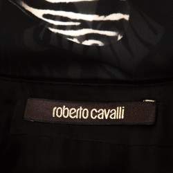 Pre Owned بلوزة روبرتو كافالي حرير أسود نقشة الفهد مزين بربطة عنق مقاس صغير (سمول)