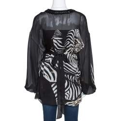 Pre Owned بلوزة روبرتو كافالي حرير أسود نقشة الفهد مزين بربطة عنق مقاس صغير (سمول)