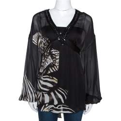 Pre Owned بلوزة روبرتو كافالي حرير أسود نقشة الفهد مزين بربطة عنق مقاس صغير (سمول)