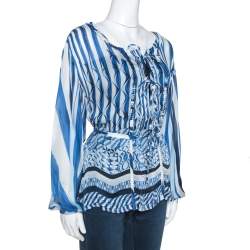 Pre Owned Roberto Cavalli Blue and White Deco Print Silk Tie Up Blouse M