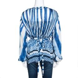 Pre Owned Roberto Cavalli Blue and White Deco Print Silk Tie Up Blouse M