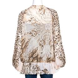 Pre Owned بلوزة روبرتو كافالي جرير كريمي نقشة الفخد بوسط مطاطي مقاس كبير (لارج)