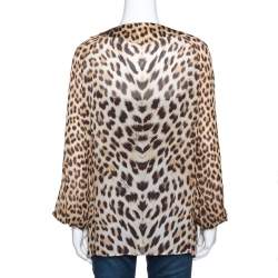 Pre Owned بلوزة روبرتو كافالي حرير بني نقشة الفهد بأكمام طويلة مقاس متوسط (ميديوم)