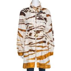 Roberto Cavalli Cream Zebra Print Silk Belted Coat M