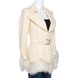 Pre Owned Roberto Cavalli Cream Wool Fox Fur Trim Belted Jacket M