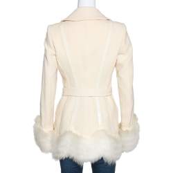 Pre Owned Roberto Cavalli Cream Wool Fox Fur Trim Belted Jacket M