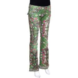 مملوكة مسبقًا Roberto Cavalli Green Floral Print Denim Flared Jeans S