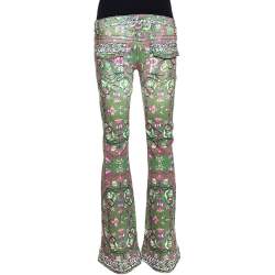 مملوكة مسبقًا Roberto Cavalli Green Floral Print Denim Flared Jeans S