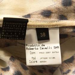 Pre Owned Roberto Cavalli Cream and Beige Silk Leopard Print Short Sleeve Top S