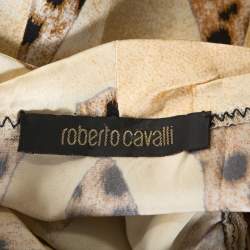 Pre Owned Roberto Cavalli Cream and Beige Silk Leopard Print Short Sleeve Top S
