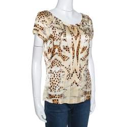 Pre Owned Roberto Cavalli Cream and Beige Silk Leopard Print Short Sleeve Top S