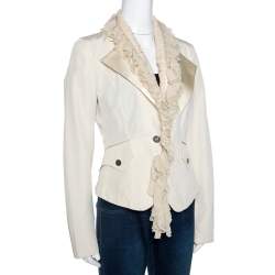 Pre Owned Roberto Cavalli Cream Cotton Blend Ruffle Detail Jacket M