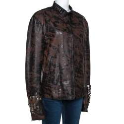 Pre Owned Roberto Cavalli Brown Printed Effect Calf Leather Zip Front Jacket XL