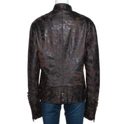 Pre Owned Roberto Cavalli Brown Printed Effect Calf Leather Zip Front Jacket XL
