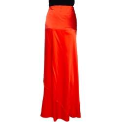 Pre Owned Roberto Cavalli Bright Orange Satin Silk Flared Maxi Skirt L