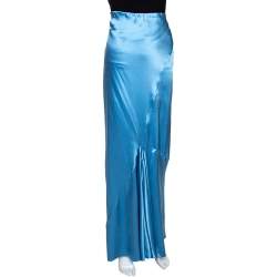 Pre Owned تنورة ماكسي روبرتو كافالي حرير ساتان أزرق بودرة مقاس كبير (لارج)