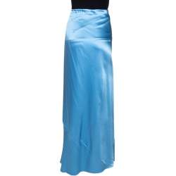 Pre Owned تنورة ماكسي روبر تو كافالي حرير ساتان أزرق بودرة مقاس كبير (لارج)