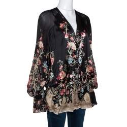 Pre Owned Roberto Cavalli Black Floral Printed Silk Tunic Top L 