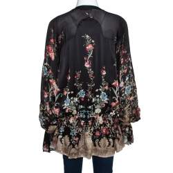 Pre Owned Roberto Cavalli Black Floral Printed Silk Tunic Top L 