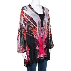 Pre Owned Roberto Cavalli Pink Silk & Contrast Knit Trim Printed Tunic L