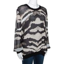 Pre Owned Roberto Cavalli Black Printed Silk & Knit Paneled Jumper L