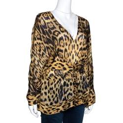 Pre Owned Roberto Cavalli Beige Leopard Print Silk Belted Kaftan M