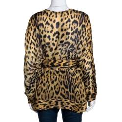 Pre Owned Roberto Cavalli Beige Leopard Print Silk Belted Kaftan M