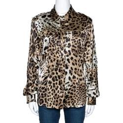 Pre Owned قميص روبرتو كافالي حرير بيج نقشة الفهد مقاس كبير (لارج)