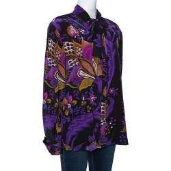 Pre Owned Roberto Cavalli Purple Floral Print Silk Neck Tie Detail Blouse L