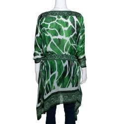 مملوكة مسبقًا Roberto Cavalli Green Paisley Print Silk Belted Kaftan Top M