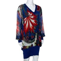 مملوكة مسبقًا فستان روبرتو كافالي حرير أزرق طباعة تجريدية مقاس كبير (لارج)