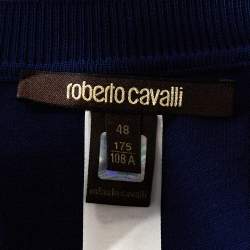 مملوكة مسبقًا فستان روبرتو كافالي حرير أزرق طباعة تجريدية مقاس كبير (لارج)