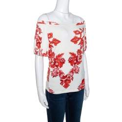 Pre Owned Roberto Cavalli White and Red Floral Print Off Shoulder Top L