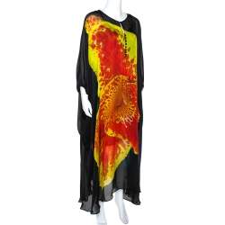 مملوكة مسبقًا قفطان روبرتو كافالي حرير أسود مورد مقاس كبير (لارج)