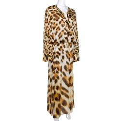 Pre Owned Roberto Cavalli Brown Animal Print Silk Sheer Maxi Kaftan L