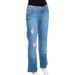 Roberto Cavalli Blue Distressed Denim Embellished Patch Jeans M