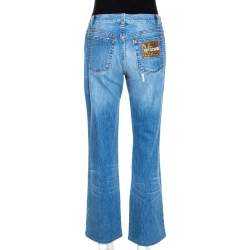 Roberto Cavalli Blue Distressed Denim Embellished Patch Jeans M