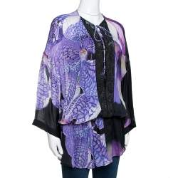 Pre Owned Roberto Cavalli Purple Floral Printed Silk Sequin Embellished Sheer Tunic L