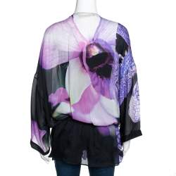 Pre Owned Roberto Cavalli Purple Floral Printed Silk Sequin Embellished Sheer Tunic L