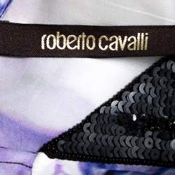 Pre Owned Roberto Cavalli Purple Floral Printed Silk Sequin Embellished Sheer Tunic L